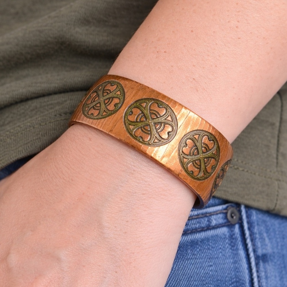 Wide cuff copper bracelet etched unique design signed Moda Handmade in Malta